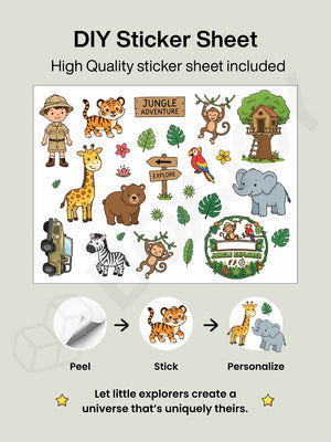 DIY jungle adventure sticker sheet to peel, stick, and personalize the doors of the 7 modular shelfs.