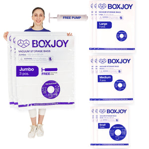 BOXJOY 12-piece vacuum storage bag set with free hand pump, featuring Jumbo, Large, Medium, and Small bags.