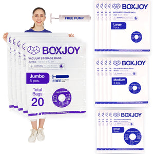 BOXJOY 20-piece vacuum storage bag set with free hand pump, featuring Jumbo, Large, Medium, and Small bags.