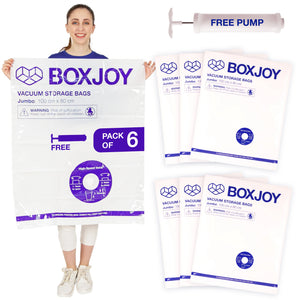 Pack of 6 Jumbo BOXJOY vacuum bags displayed alongside a free hand pump and a woman holding one bag.
