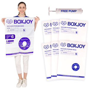 BOXJOY pack of 6 Large vacuum storage bags with free hand pump, featuring high-speed compression valves.