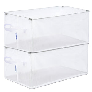 Stacked set of 2 BOXJOY white transparent grid fabric wardrobe organizer storage baskets.